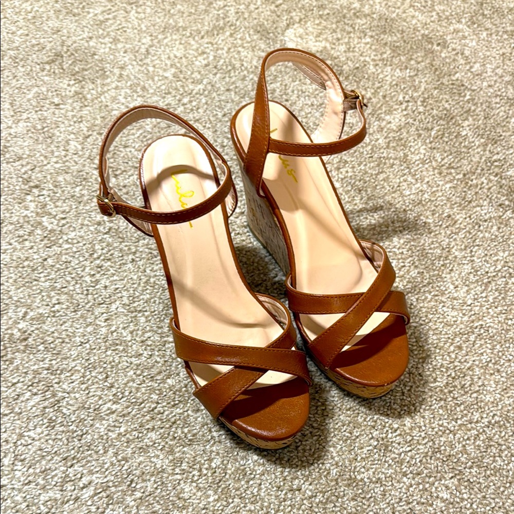 Lulu's Tan Strappy Cork Wedge Sandals – Size 6.5